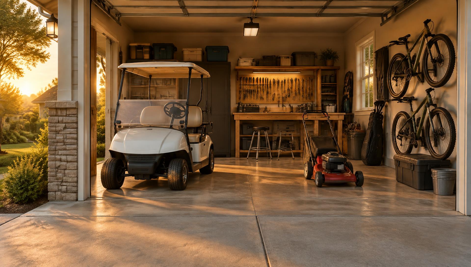 Open garage with a golf cart, lawn mower, bikes and workbench